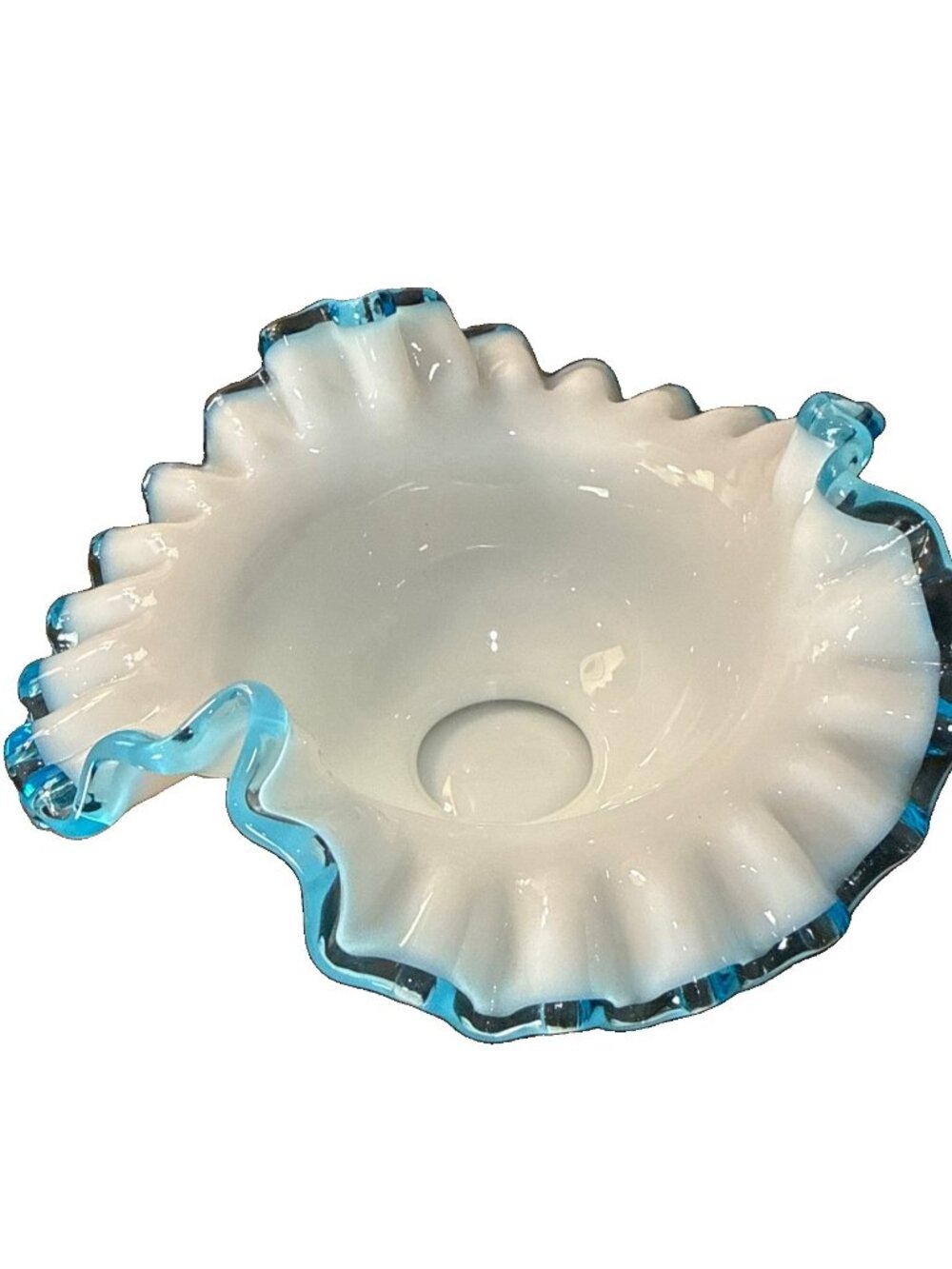 Vintage Fenton Aqua Crest Milk Glass Bowl Aqua Blue Ruffled Candy Dish